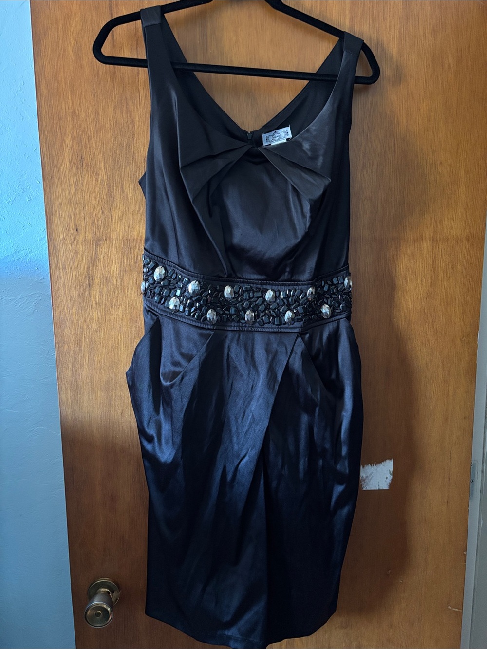 Trixxi Black Satin Midi Dress with Beaded Waist